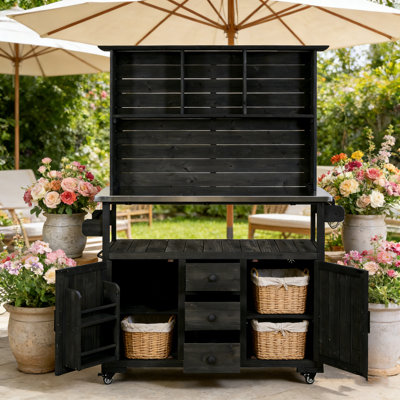 65” H Outdoor Potting Bench With Lockable Wheels, Wood Garden Workstation With Stainless Steel Top, Drawers, Storage Shelves & Hutch For Patio & Grilling