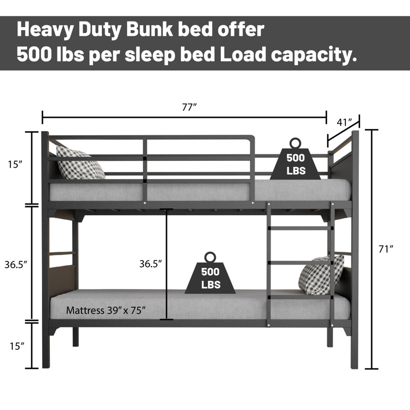 Pangburn 5" Medium Firm High Density 2pcs Foam Mattress with Heavy Duty Metal Bunk Bed, 39" x 77.5"