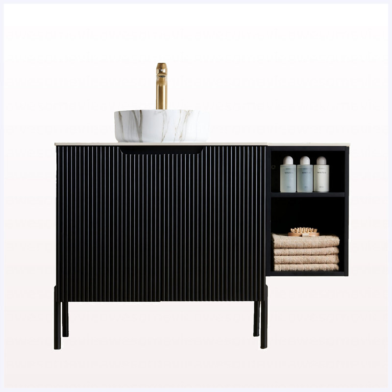 Armoire de rangement de meuble-lavabo simple sur pied 42 po autoportante et murale 42 po, finition noire avec 2 portes, tablette ouverte 12 po, lavabo rond blanc en céramique et comptoir blanc Carrara, sans robinet inclus