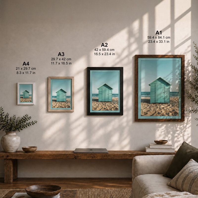 Turquoise Beach Hut Coastal - Framed Print, A3 - 42.0 x 29.7 cm, Oak
