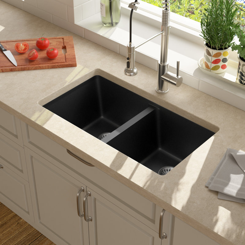 Évier de cuisine encastré à double cuve en granite à double cuve 50/50 L 33 po x l 19 po, Noir