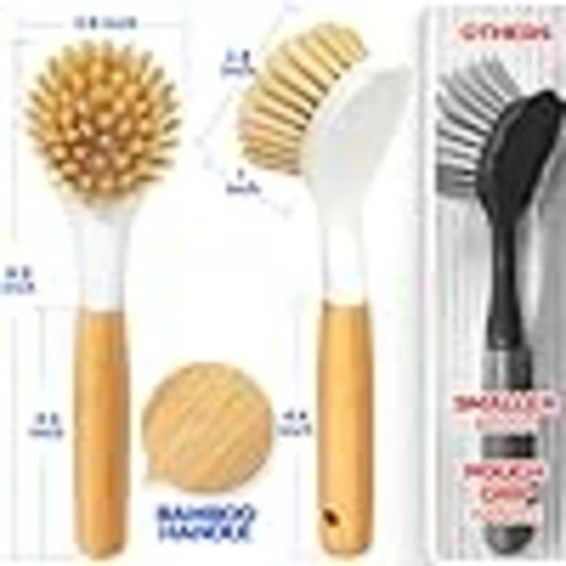 Ensemble de 3 brosses à vaisselle avec poignée en bambou, brosses de cuisine pour nettoyer la marmite, l'évier et la cuisinière, laveuse à poils avec poils durs pour poêle en fonte, jaune, blanc, noir