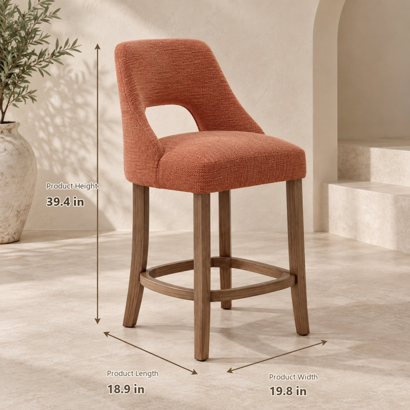 Ensemble de 2 tabourets de bar rembourrés, hauteur du comptoir, pieds en bois, style moderne pour îlot de cuisine, orange