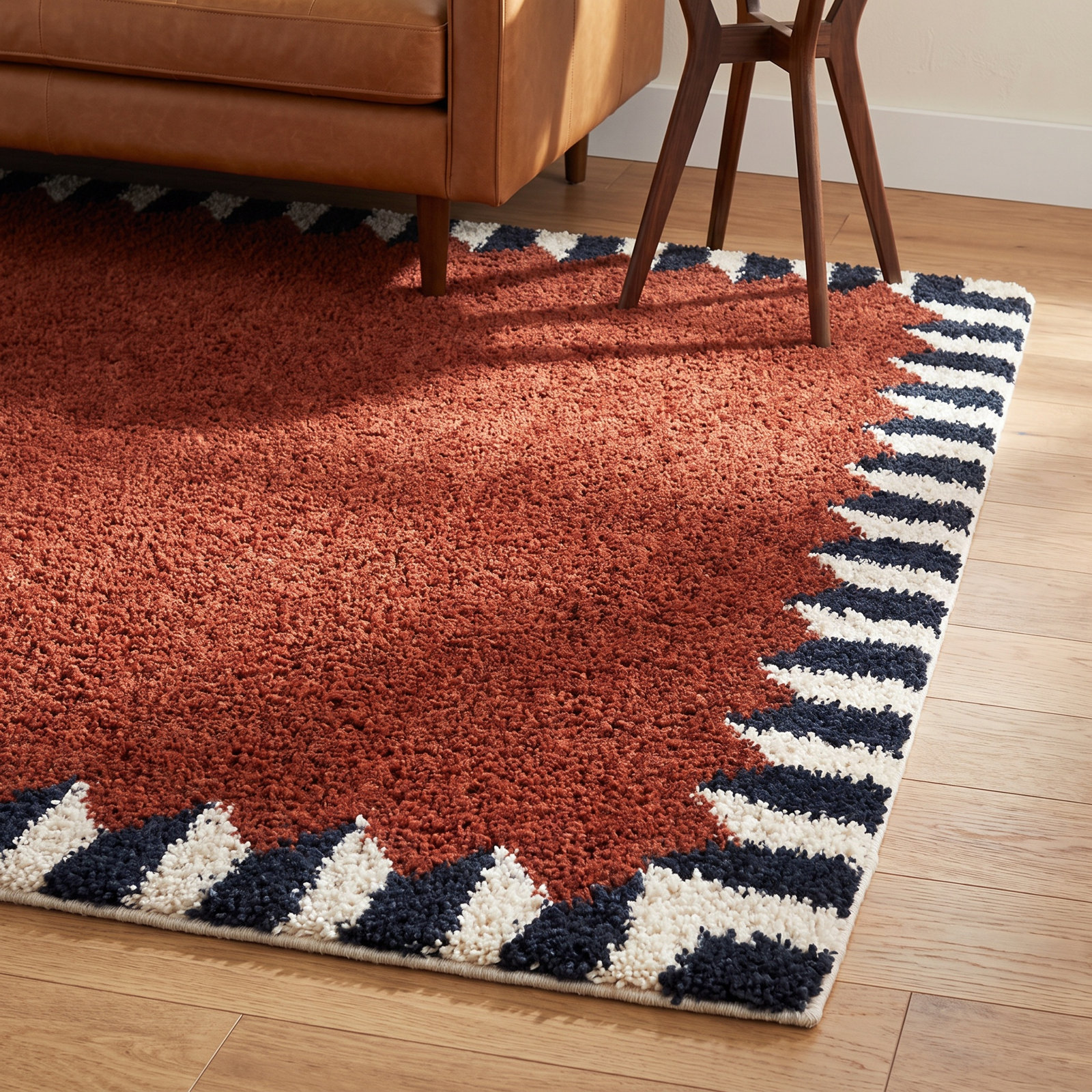 Charter Rust Red Black White Geometric Shag Rug, Rectangle 5'3" x 7'
