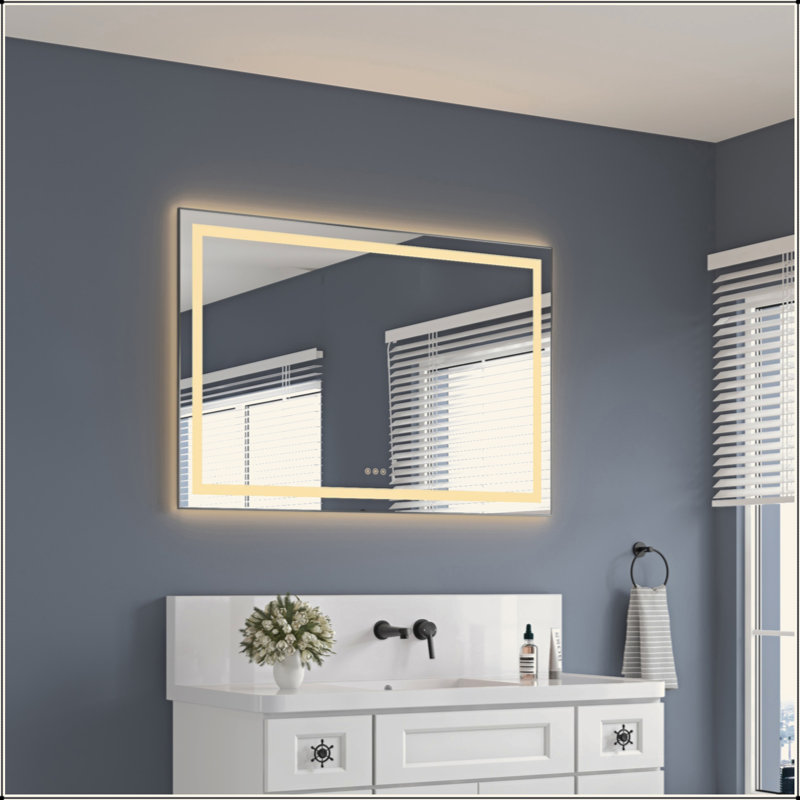 Miroir de salle de bain à DEL avec façade et rétroéclairage, miroir de meuble-lavabo mural avec cadre en aluminium, antibuée, mémoire, 3 couleurs, gradation continue