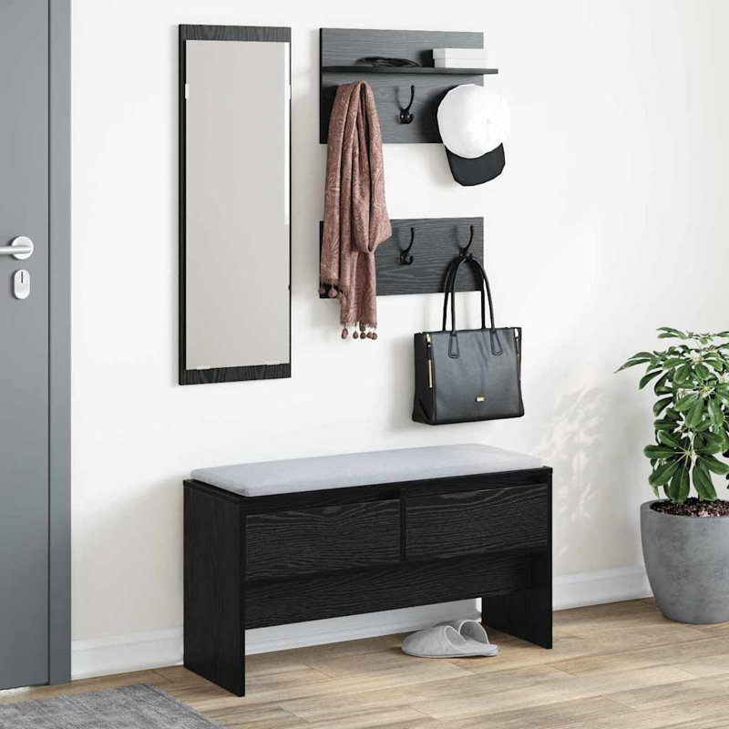 Hallway Furniture Set Shoe Bench Coat Hanger Engineered Wood, Black