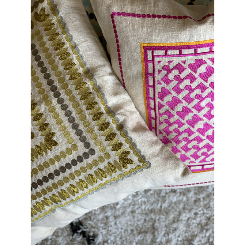 Montecito Pink and Beige Embroidered Square Pillow