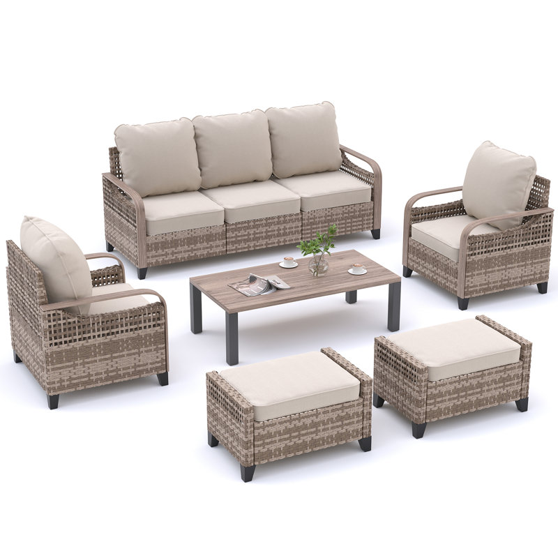 Ensemble de conversation pour patio 6 pièces, canapé 3 places, 2 fauteuils, 2 repose-pieds et table basse, structure en acier avec transfert de chaleur à grain de bois, coussins en oléfine pour le patio, la cour, le porche et la piscine