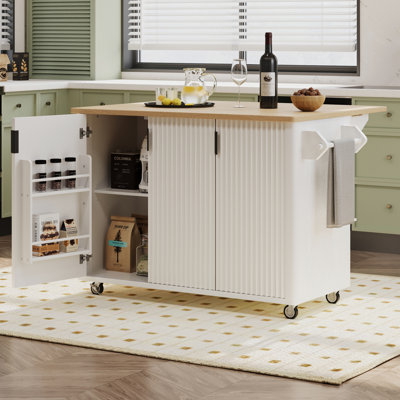 51" Fluted Kitchen Island with Drop Leaf, Farmhouse Accent Kitchen Island on Wheels with Internal Storage Rack, Rolling Kitchen Cart with Towel Rack for Kitchen, Dining Room