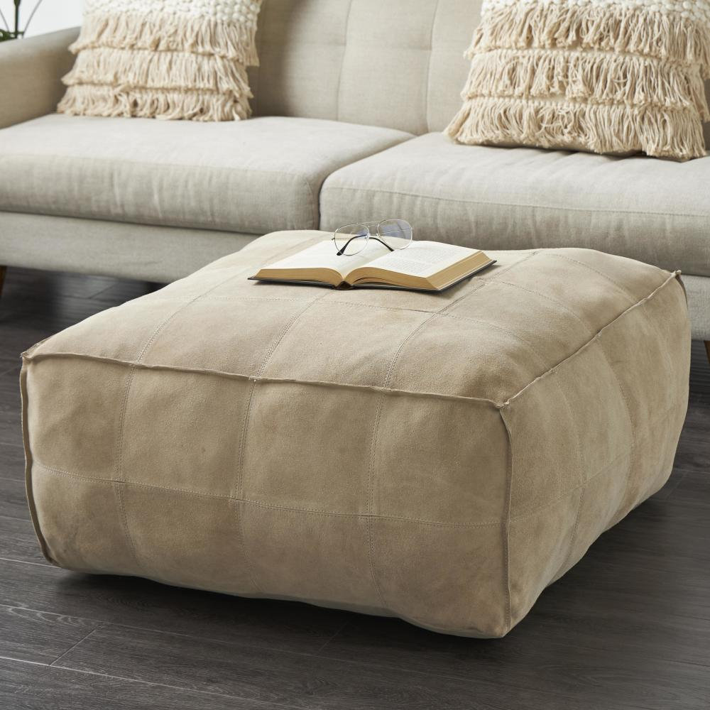 Sharita 35" Genuine Leather Pouffe, Gray Genuine Leather