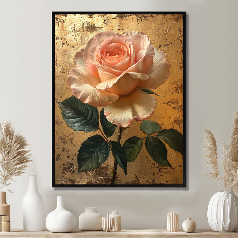 Rose rose rétro or - rose art mural salon, H 20 po x l 12 po x P 1 po, Toile avec cadre flottant noir