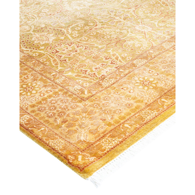 Tapis oriental vert noué à la main One-of-a-Kind