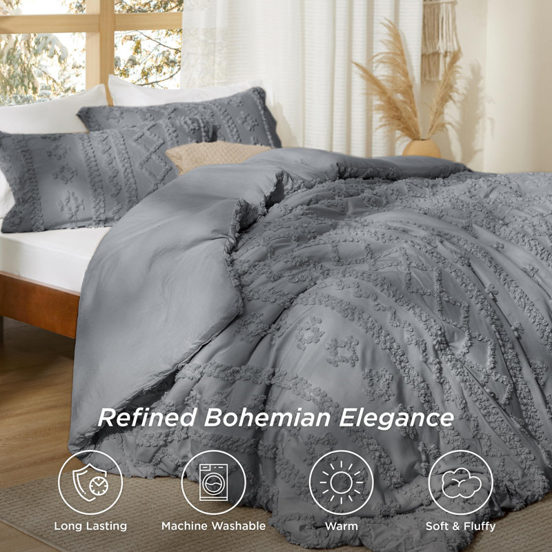 Ensemble d'édredon en microfibre toutes saisons, Édredon pour grand lit + 2 taies décoratives, Gris