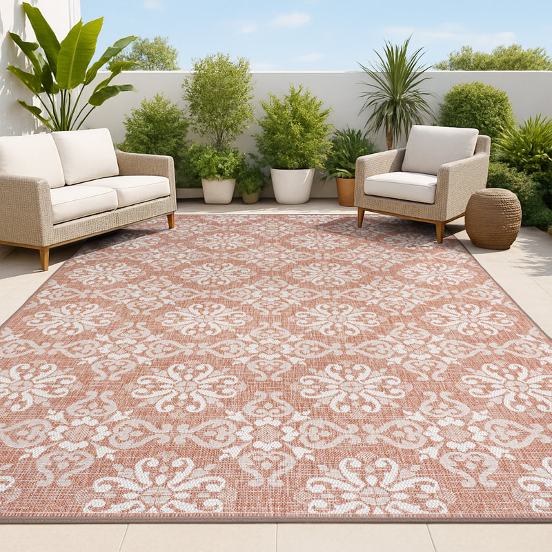 Amora Traditional Mediterranean Tile Design Salmon/Cream Indoor/Outdoor Rug, Rectangle 4' x 6'