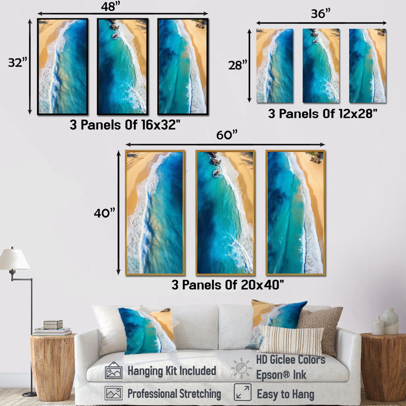 Blue Waves Aérien Beach Escape I - Ensemble de 3 décorations murales plage côtière, Cadre flottant noir, H 32 po x l 48 po