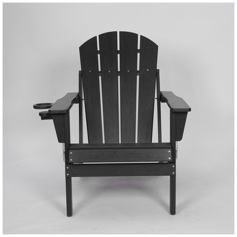 HDPE Folding Adirondack Chair with Dual Cup Holder - Weather Resistant Outdoor Patio Chair for Garden, Black, Black