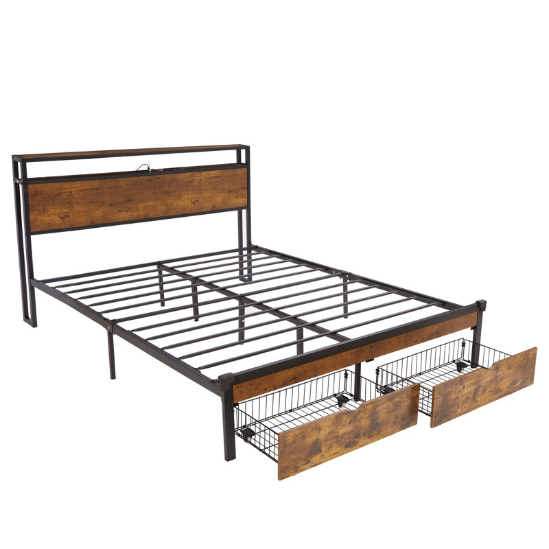Base de lit plateforme en métal avec tête et pied de lit en bois, équipée d'une station de charge USB, de deux tiroirs, de lumières DEL, sans sommier et facile à assembler