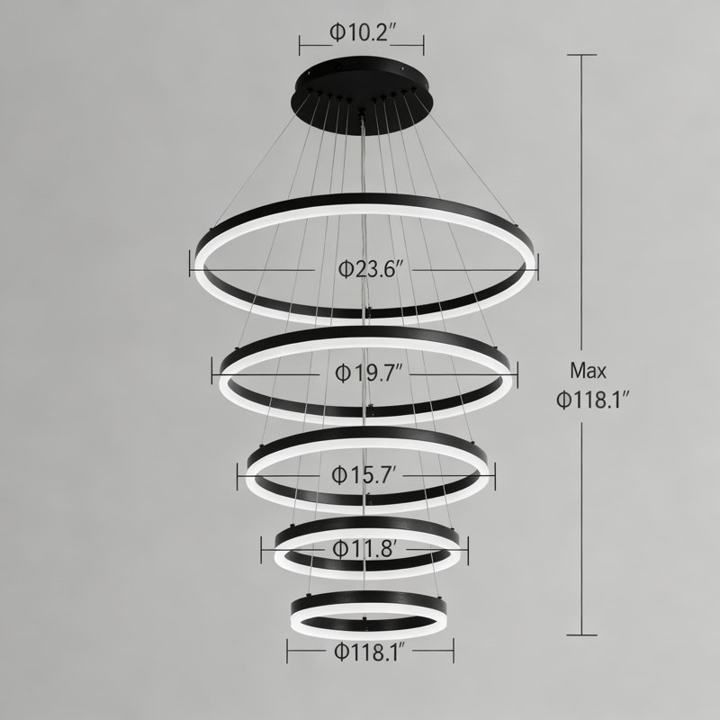 Lustre moderne à 5 anneaux DEL avec télécommande, luminaire suspendu à intensité variable avec température de couleur réglable (3000K-6500K) pour les hauts plafonds, la salle à manger, le salon, le vestibule et l'escalier
