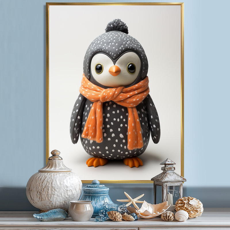 Jouet pingouin ludique sur toile, Cadre flottant doré, H 44 po x l 34 po x P 1,5 po