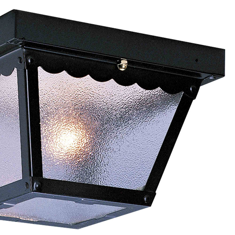 1-Light 7.5"W Outdoor Black Squared Ceiling Flush Mount with Clear Textured Glass, Black