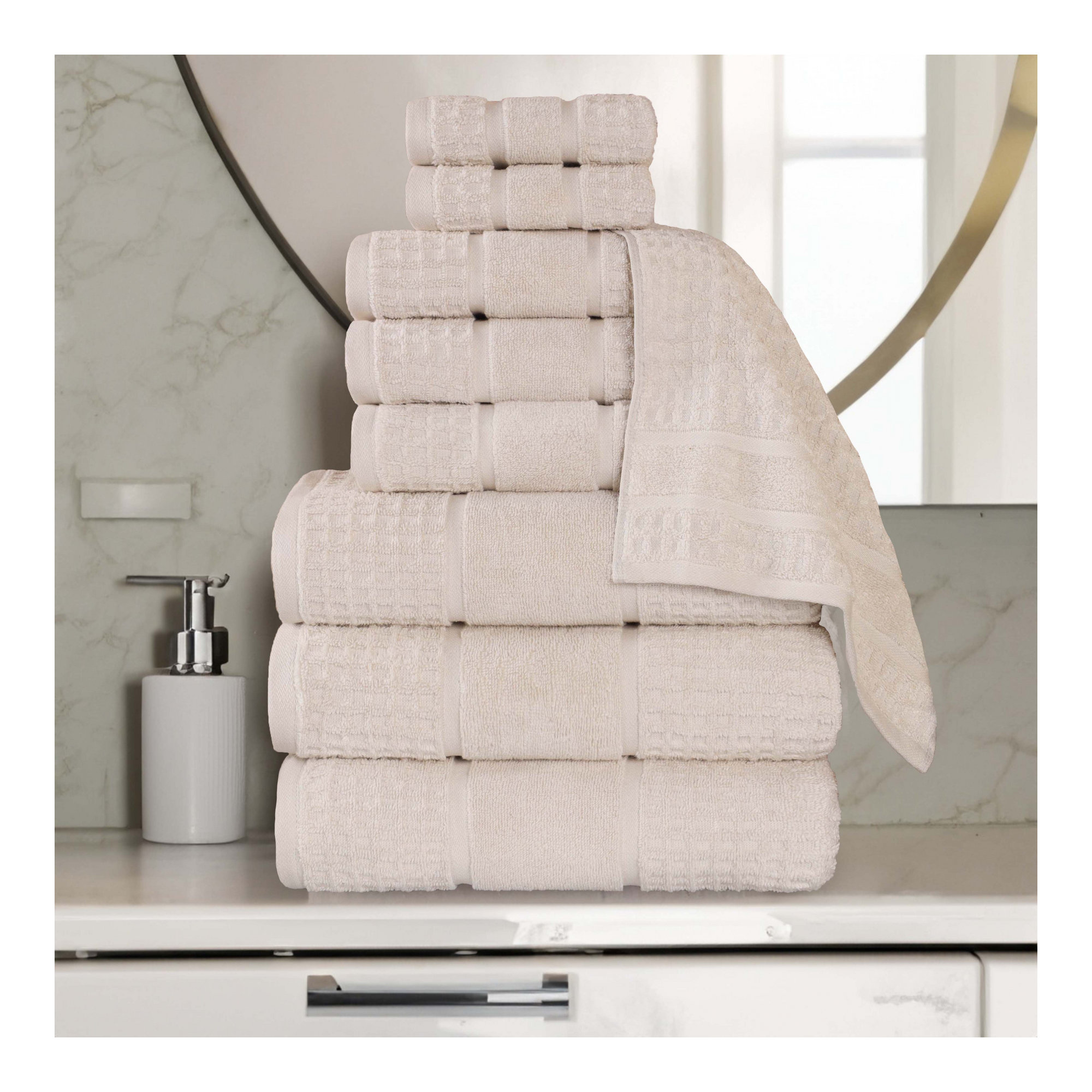 Hisela Zero Twist Cotton Solid Waffle Honeycomb Plush Soft Absorbent Medium Weight Assorted Towel Set, Ivory