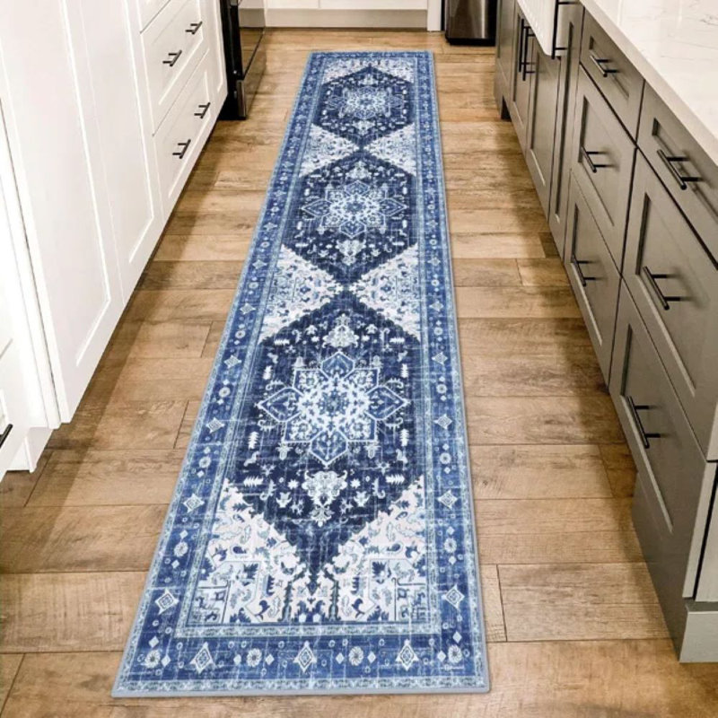  Vintage Runner Rug Non-Slip Vintage Washable Kitchen Rug, Runner 2' x 6', Dark Blue