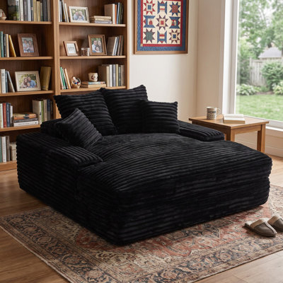 Chaise longue extra large, canapé-lit convertible rembourré avec 4 coussins décoratifs et accoudoirs, lit lounge en velours côtelé moelleux pour salons, appartements et petits espaces, noir