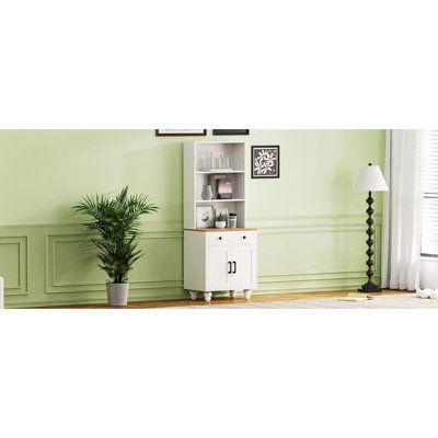 Farmhouse Storage Cabinet With 4 Solid Wood Gourd-Shaped Legs, Modern Kitchen Pantry Cabinet With Adjustable Shelves, 5 Tier Bookshelf With Drawer For Living Room, Black