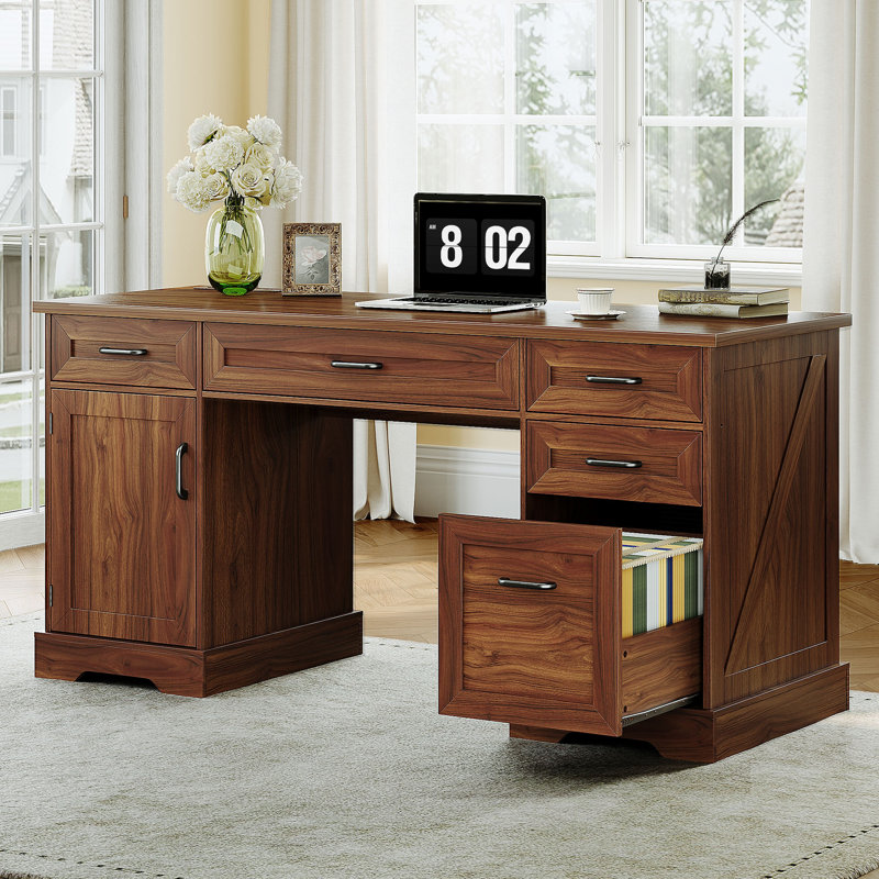 Farmhouse Executive Desk With Recessed Power Outlets, Wood Home Office Desk With Drawers,rustic Computer Writing Desk With Storage Cabinet,vintage-style Desk With  File Drawer