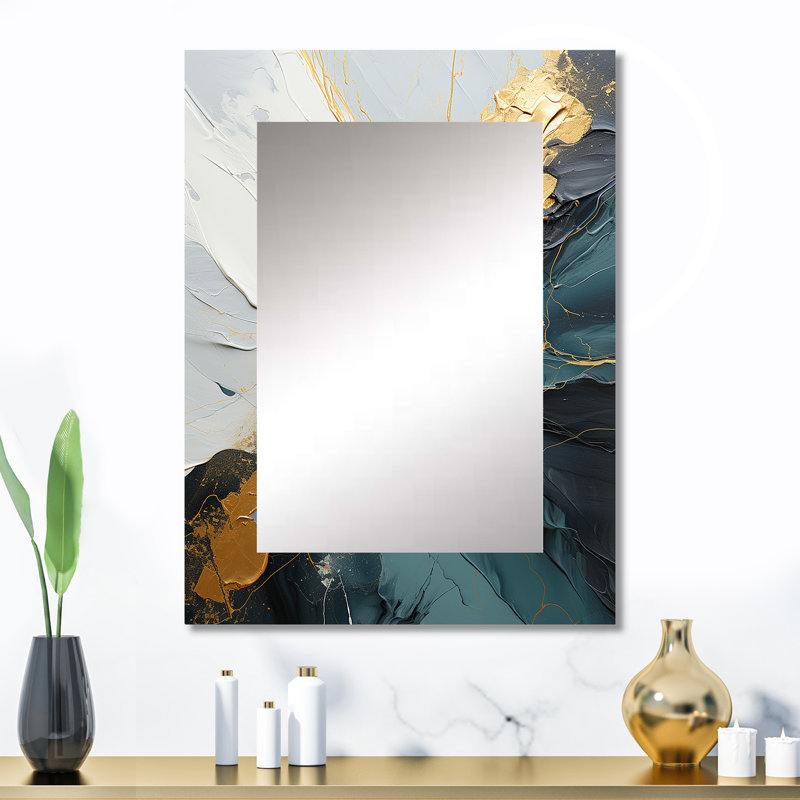 Or et vert abstrait cascade de marbre V - peinture abstraite grand miroir mural, miroir unique moderne, impression sur métal