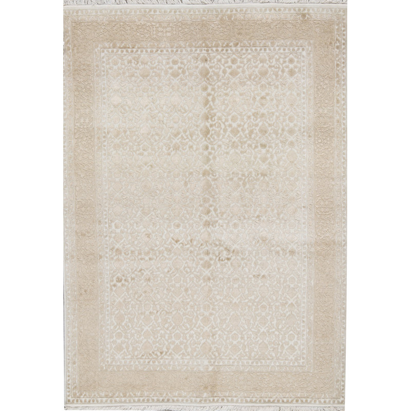 Tapis beige et vert clair noué à la main de haute qualité