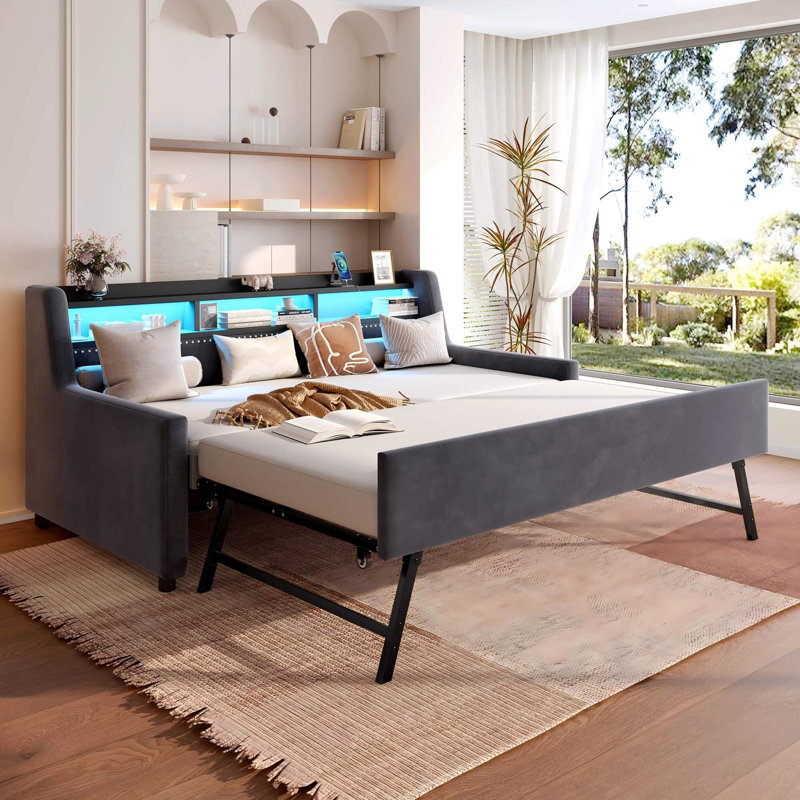 Twin Size Upholstered Daybed With Trundle, LED Light & Charging Station, Velvet Day Bed With Wood And Metal Frame