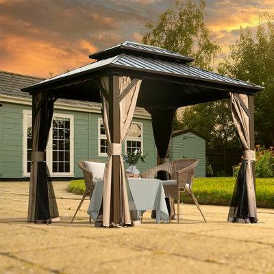 Pavillon de jardin permanent en métal 8 pi x 10 pi avec toit double en acier galvanisé, rideaux et filet pour la fête, le mariage, les repas en plein air, le patio, la cour arrière