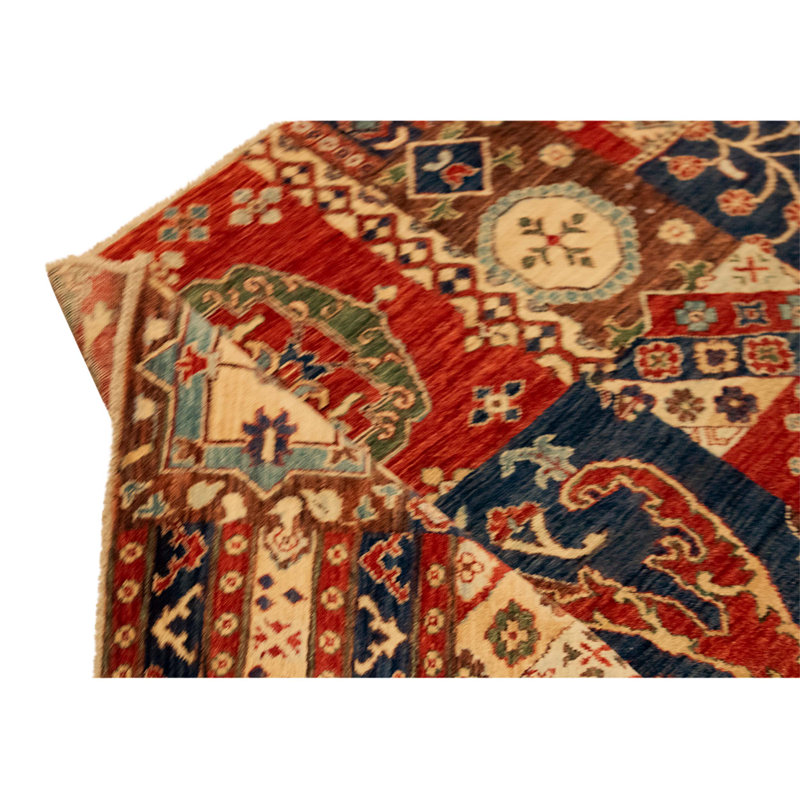Tapis unique bleu, rouge, beige et brun de 8 pi x 9 pi 11 po