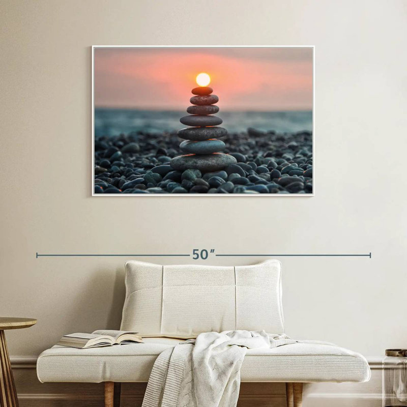 Zen pile au coucher du soleil, Cadre flottant blanc, 40 po x 27 po