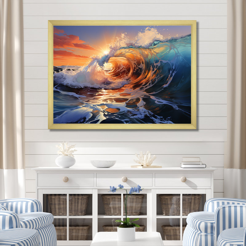 «Blue and Orange Sunrise Waves IV» - art mural vagues côtières, Cadre doré à coins fermés, H 16 po x l 32 po x P 1 po