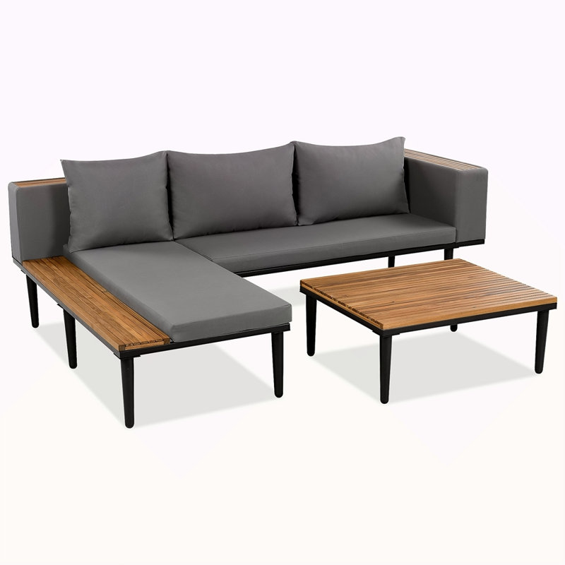 Luxury Patio Furniture Set With Removable Cushions And Coffee Table, L-Shaped Acacia Wood Sofa With Side Table, Outdoor Conversation Sectional Sofa For Backyard, Porch