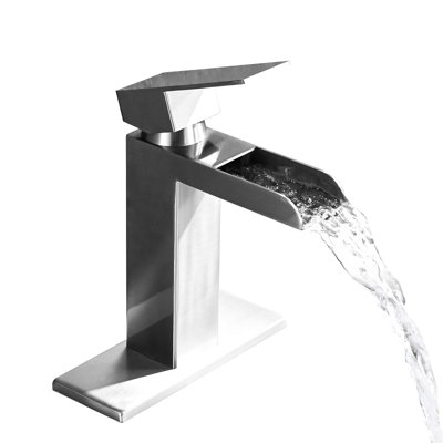 Bathroom Faucet - Brushed Nickel Waterfall Single Handle With Deck Plate & Overflow Pop Up Drain Elegant