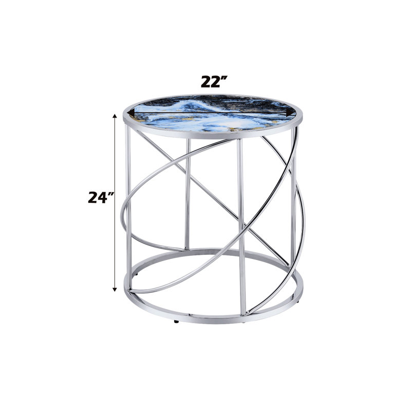 Table de bout tendance en marbre bleu avec base en métal robuste et surface en verre brillant de 22 po de largeur
