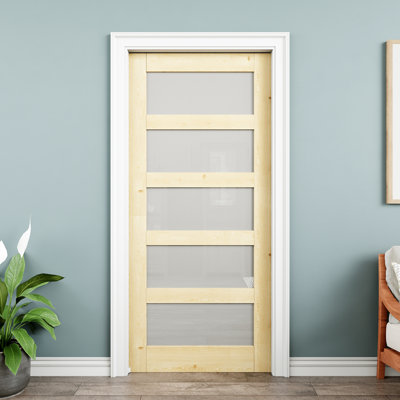 Porte de poche intérieure en bois de pin et verre givré 36 po x 80 po 5-Lite, bois de pin naturel, plaque de porte en verre trempé avec intimité, à peindre et imperméable, comme portes de buanderie, portes de placard, portes de pièce