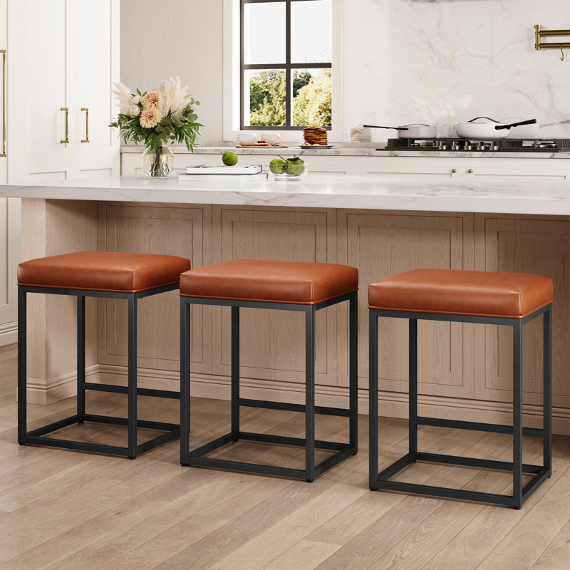 Romigh Modern 24'' Kitchen Upholstered Counter Stool with Faux Leather & Footrest, Brown, Black