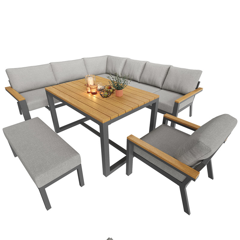 8-Seat Outdoor Sectional Set With Wood-Top Table, Armchairs & Gray Cushions