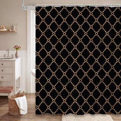 Black Geometric Clover Leaves Lattice Shower Curtain with 12 Hooks