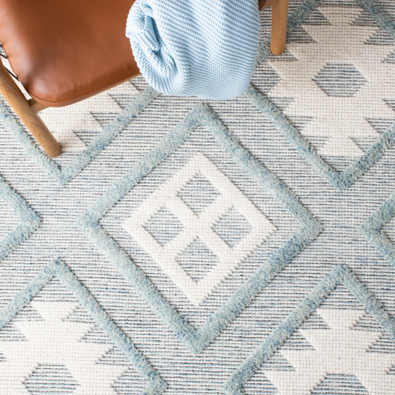 Tapis bleu / ivoire tissé à la main en laine / coton Vermont, Carré 6 pi