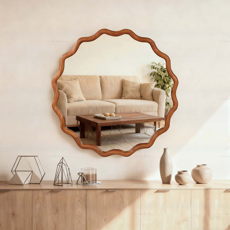 Élégant miroir ondulé pour divers espaces domestiques, Brun jaune, 30 po x 30 po