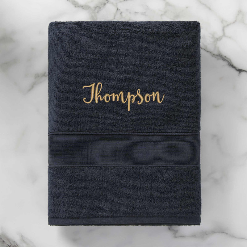 Serviette de bain brodée 100% coton de luxe, Bleu marine, Oui