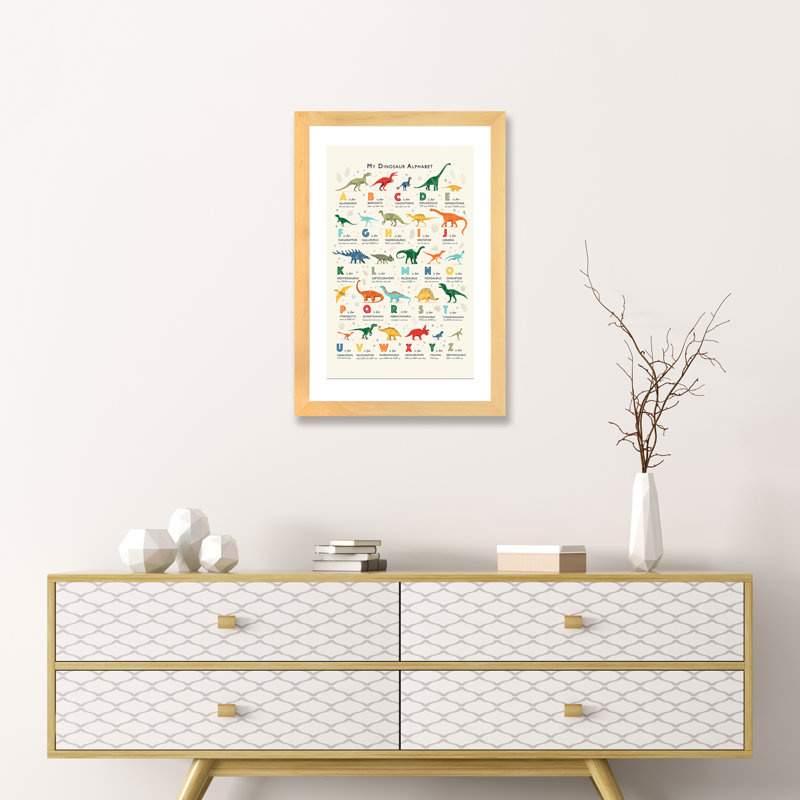 Dinosaur Alphabet - impression d'art graphique, Papier avec cadre beige, H 24 po x l 16 po x P 1 po, Blanc