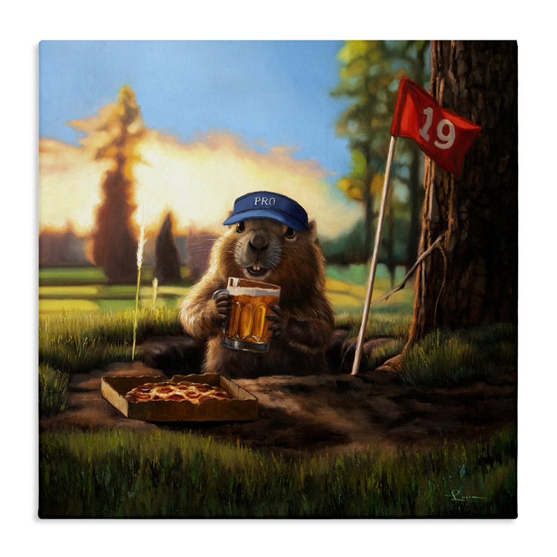 Art mural sur toile "Groundhog with Pizza & Beer", conception par Lucia Heffernan, H 17 po x l 17 po