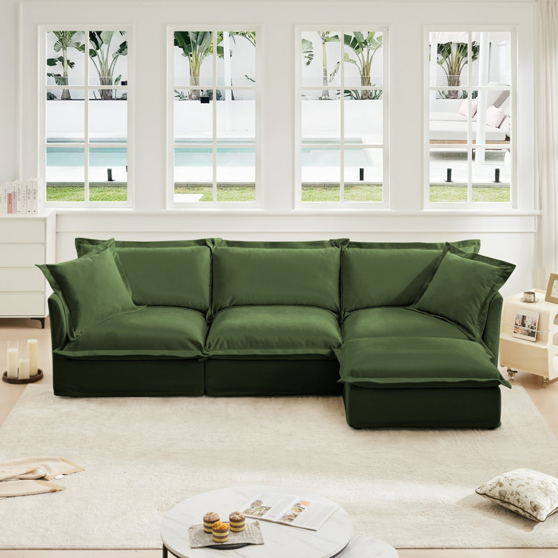 Canapé rembourré, repose-pieds, Chenille verte, H 34,6 po x l 120 po x P 55 po