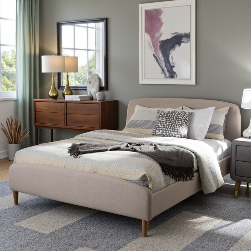 Nicholas Platform Bed in Light Beige Upholstery, 38.78'' H X 64.17'' W X 85.50'' L, Queen